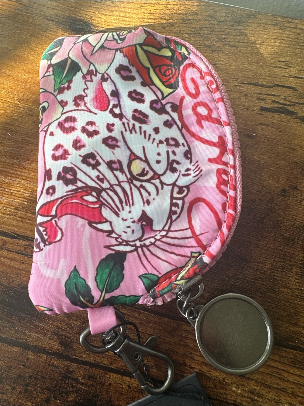 Ed Hardy Pink Leopard Coin Pouch Wallet Bag Charm Keychain Skull Zip Charm NWT - Picture 4 of 5